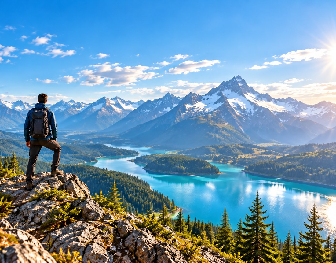 Hiker standing on a mountain summit overlooking a turquoise summer lake and alpine peaks